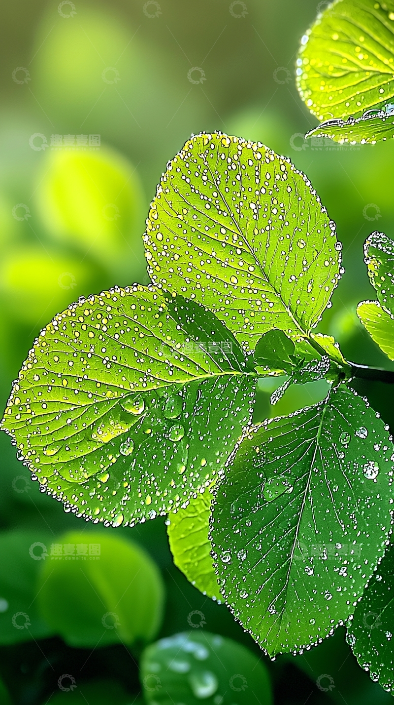 露珠点缀的绿色叶子