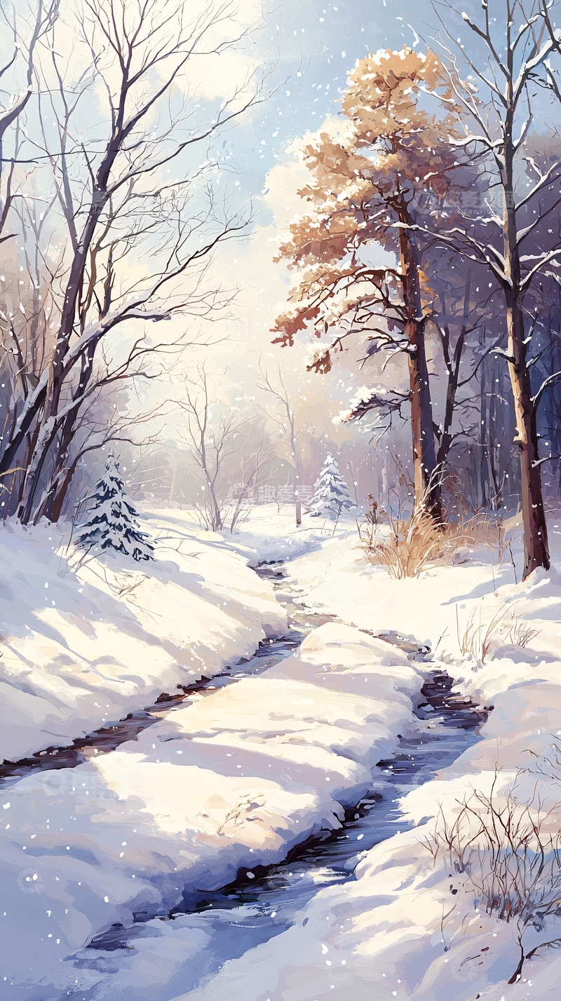 高清大图下载【趣麦麦图】冬日雪景小溪潺潺