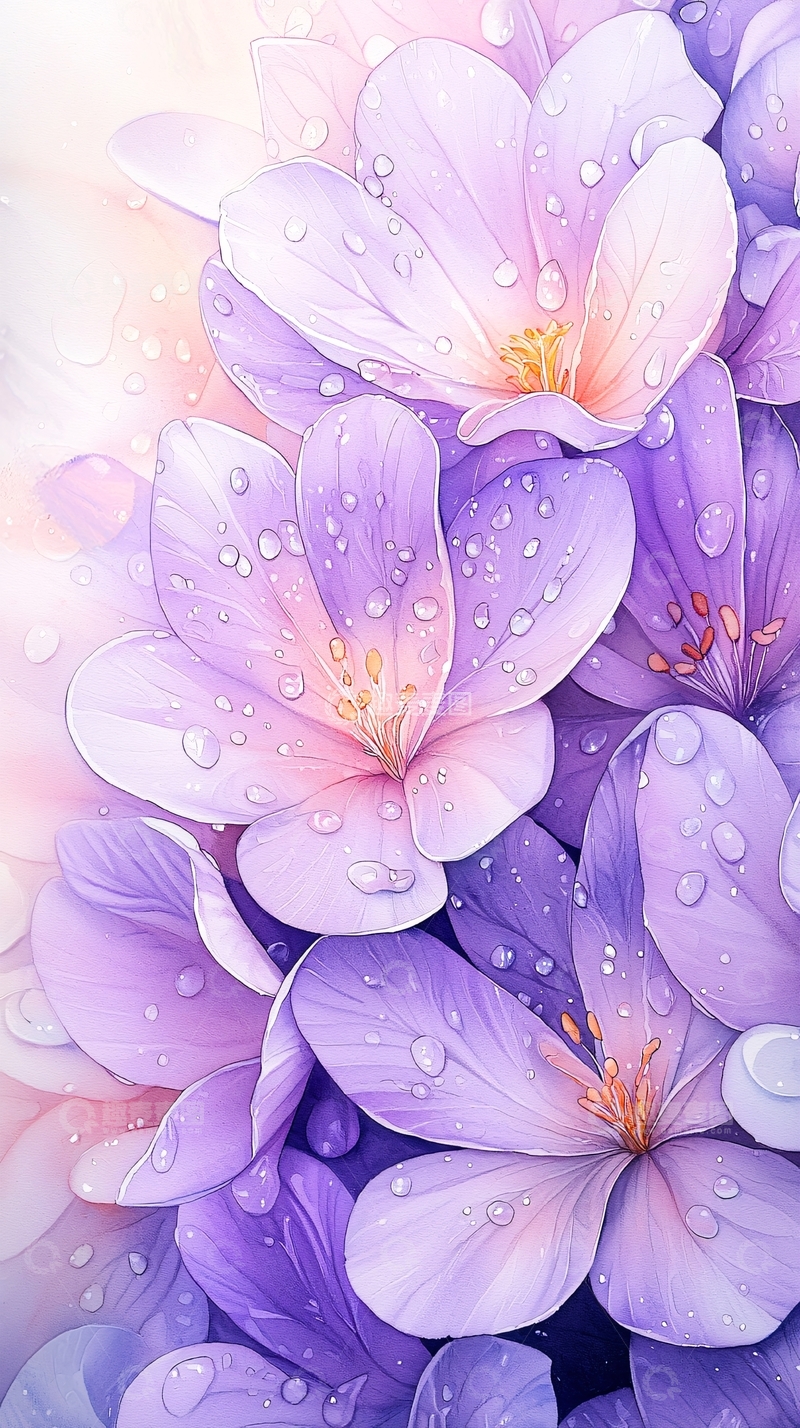 高清大图下载【趣麦麦图】紫色花朵雨滴背景图