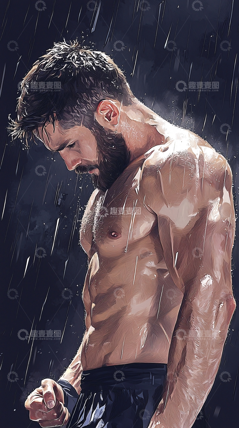 高清大图下载【趣麦麦图】雨中湿身肌肉男
