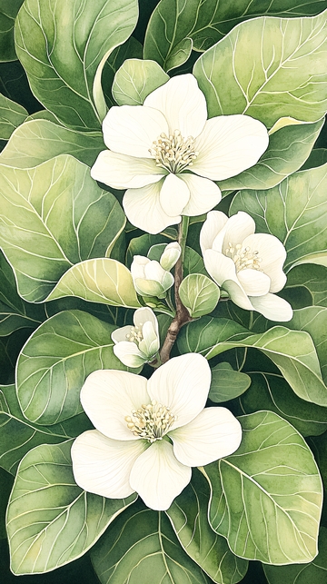 白色花朵与绿色叶子的艺术插画