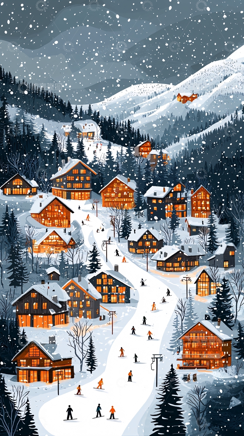 高清大图下载【趣麦麦图】冬日滑雪小镇夜景