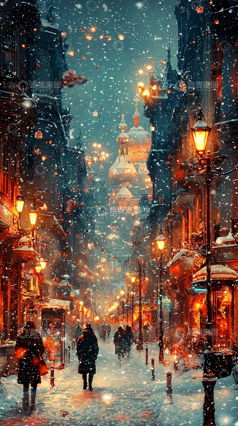 高清大图下载【趣麦麦图】雪夜古街灯火辉煌