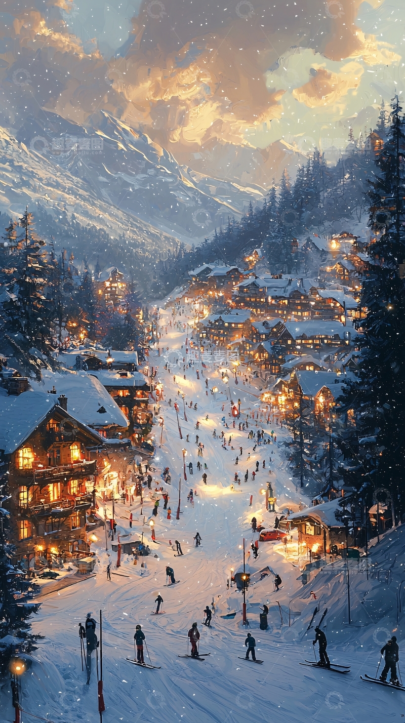 高清大图下载【趣麦麦图】冬日滑雪小镇夜景