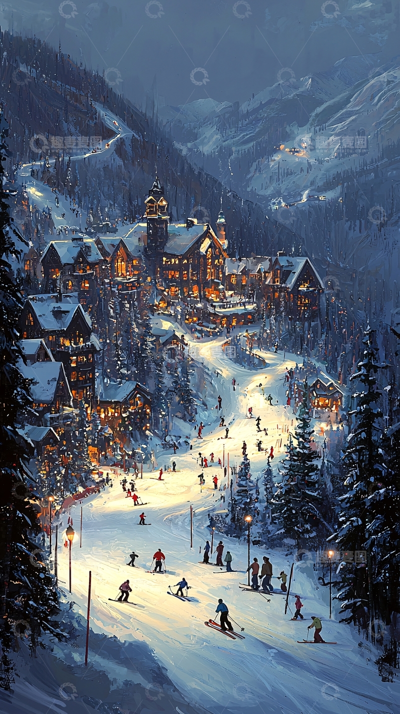 高清大图下载【趣麦麦图】冬日滑雪小镇夜景