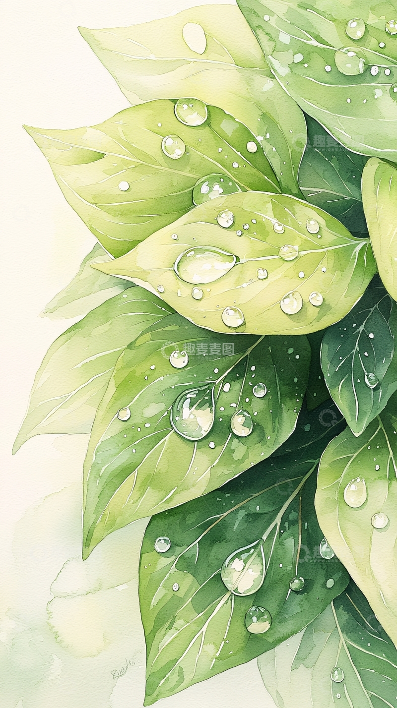高清大图下载【趣麦麦图】雨后清新绿叶水珠画