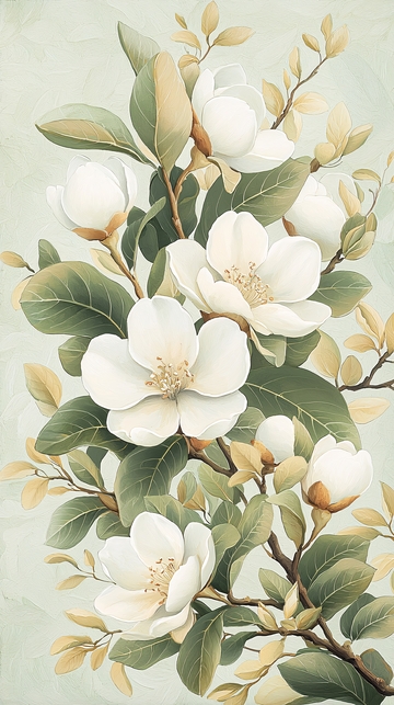 白色花朵与绿色叶子的艺术插画