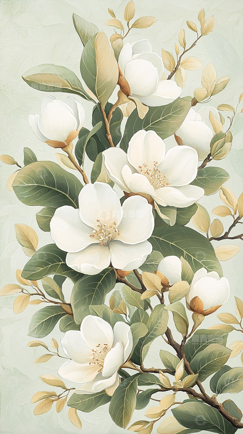 白色花朵与绿色叶子的艺术插画