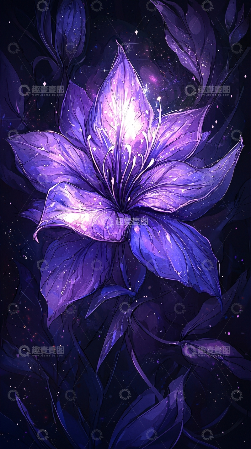 高清大图下载【趣麦麦图】梦幻紫色花朵插画素材