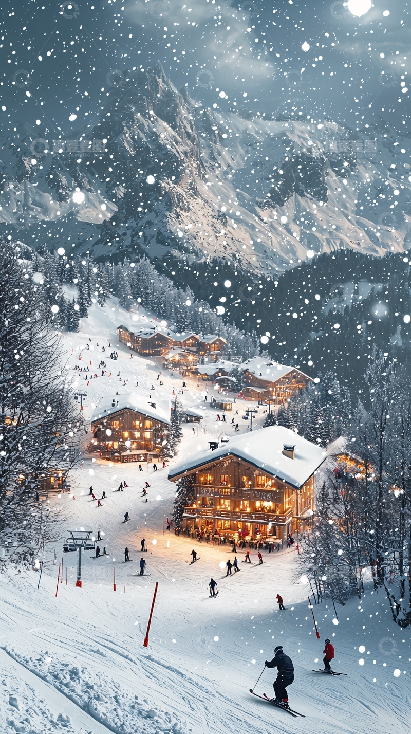 高清大图下载【趣麦麦图】雪景中的滑雪度假村