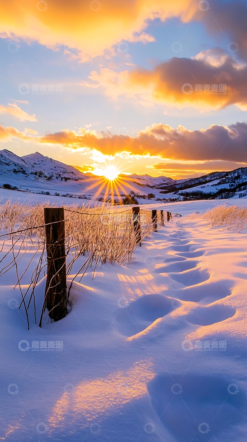 高清大图下载【趣麦麦图】冬日雪地日出风景