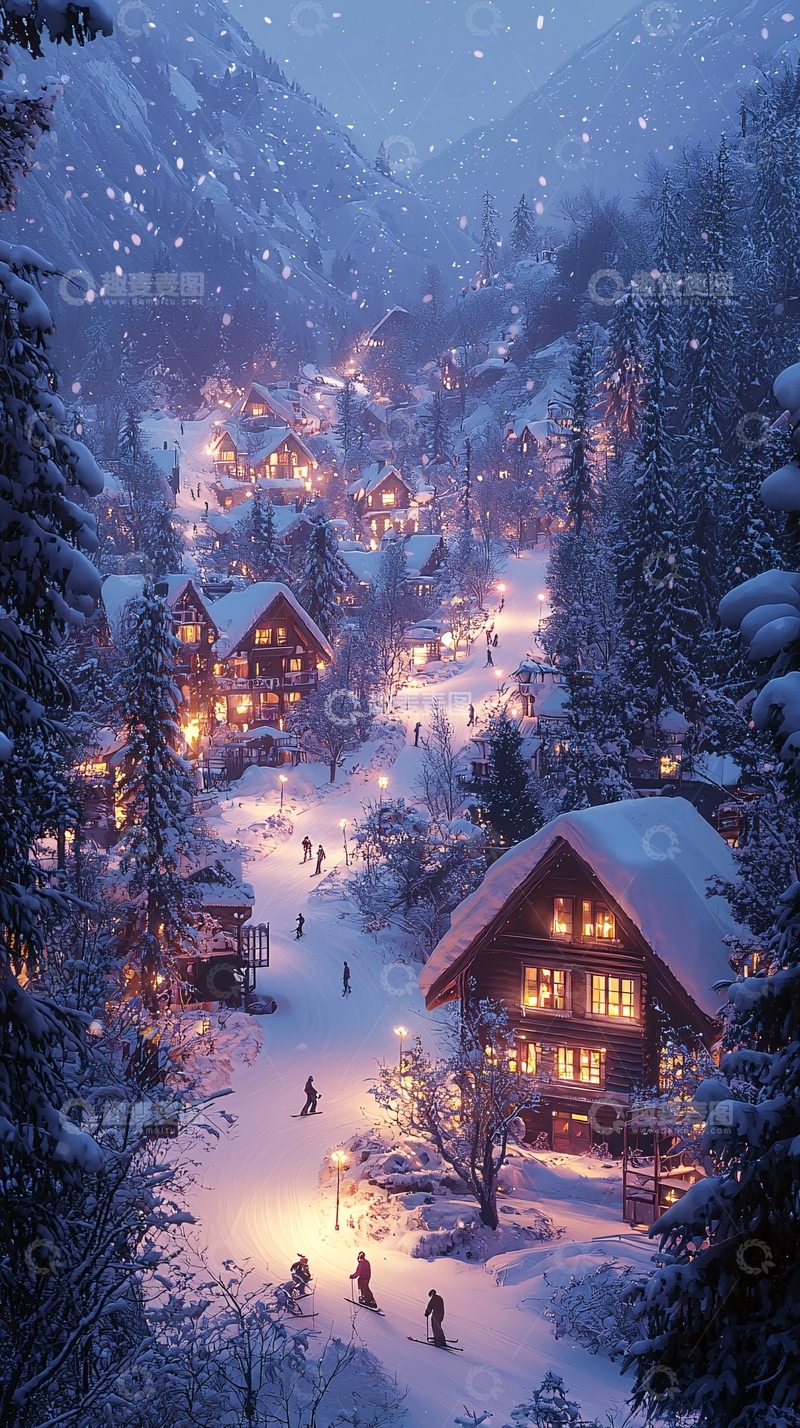 高清大图下载【趣麦麦图】冬夜雪乡灯火人家