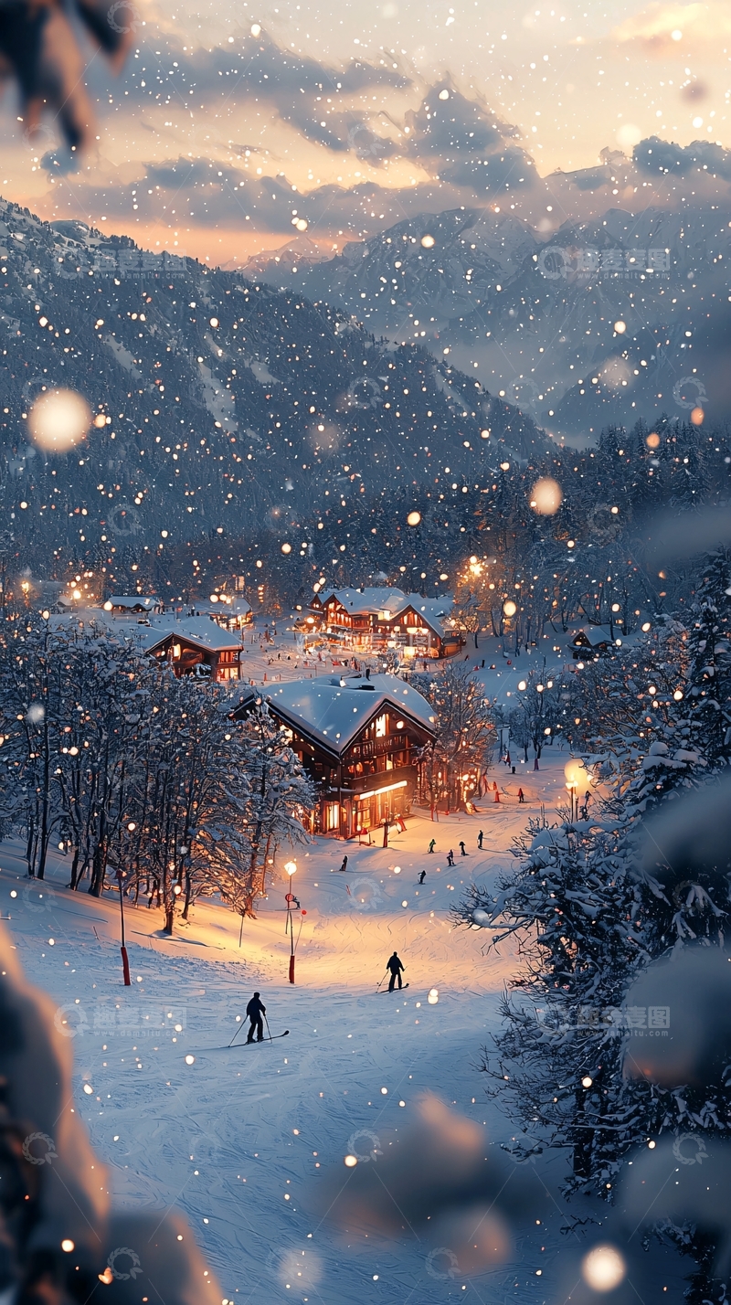高清大图下载【趣麦麦图】冬日雪景中的滑雪小镇