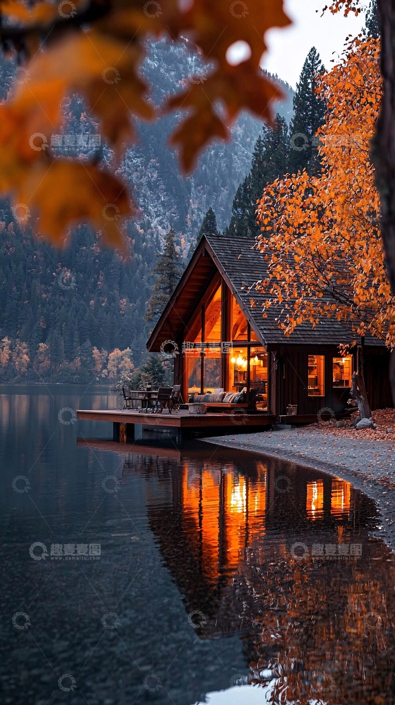 高清大图下载【趣麦麦图】秋日湖畔温馨小屋