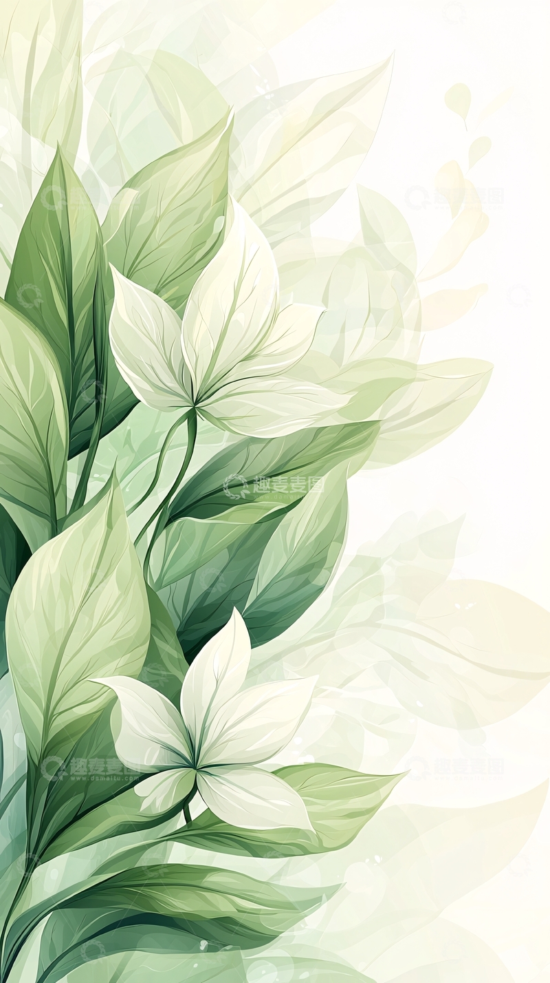 高清大图下载【趣麦麦图】清新绿叶白花背景图