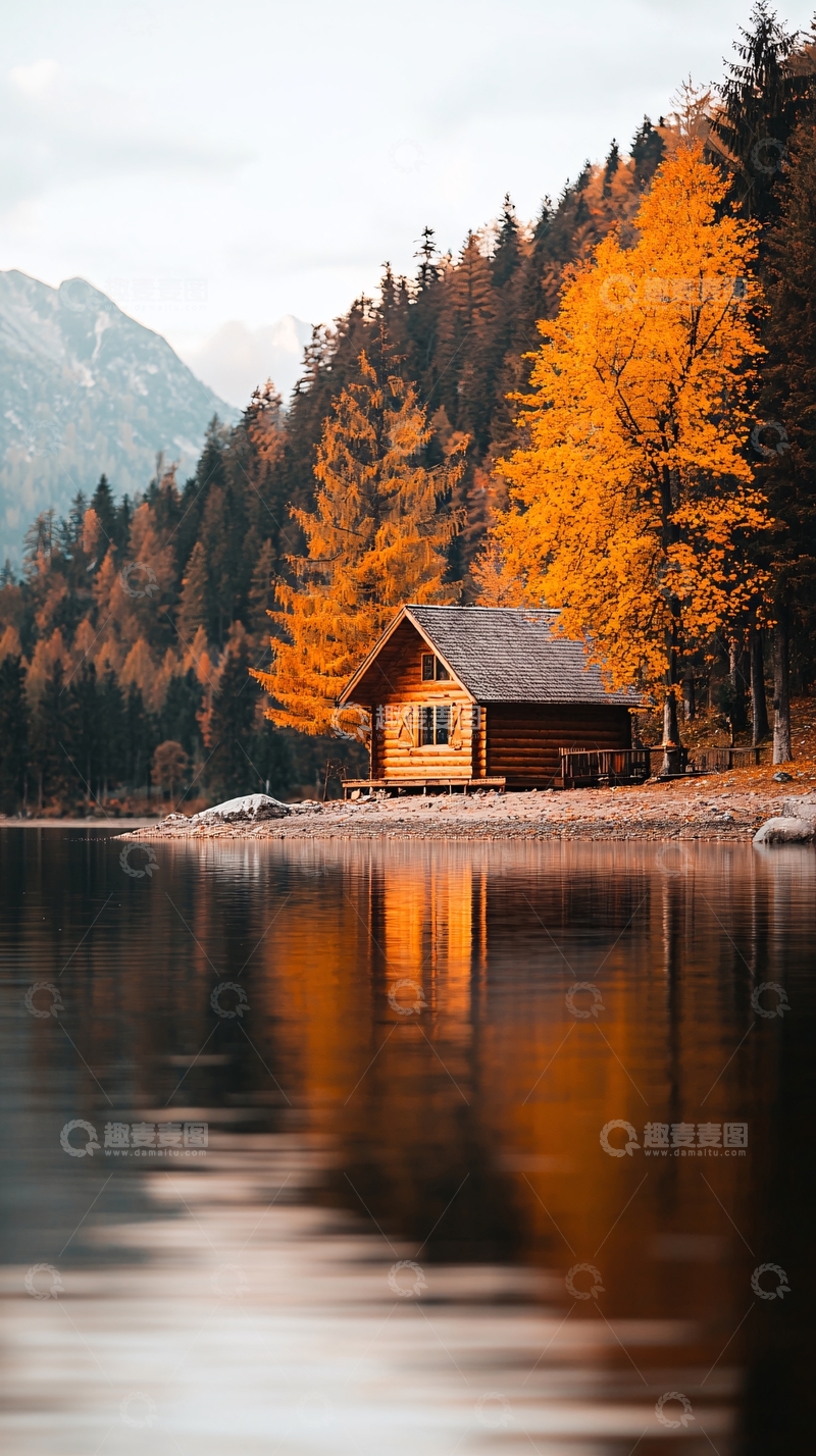 高清大图下载【趣麦麦图】秋日湖畔木屋风景