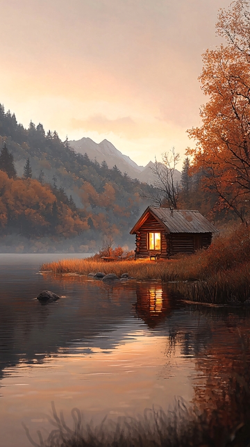 秋日湖畔小屋
