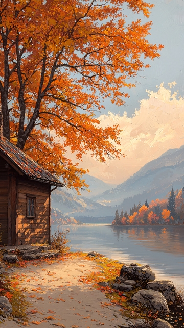 秋日湖畔木屋风景