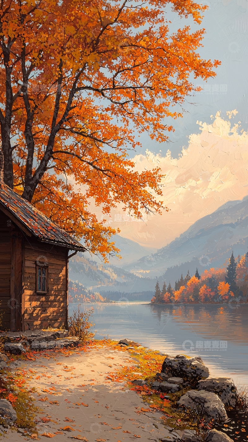 高清大图下载【趣麦麦图】秋日湖畔木屋风景
