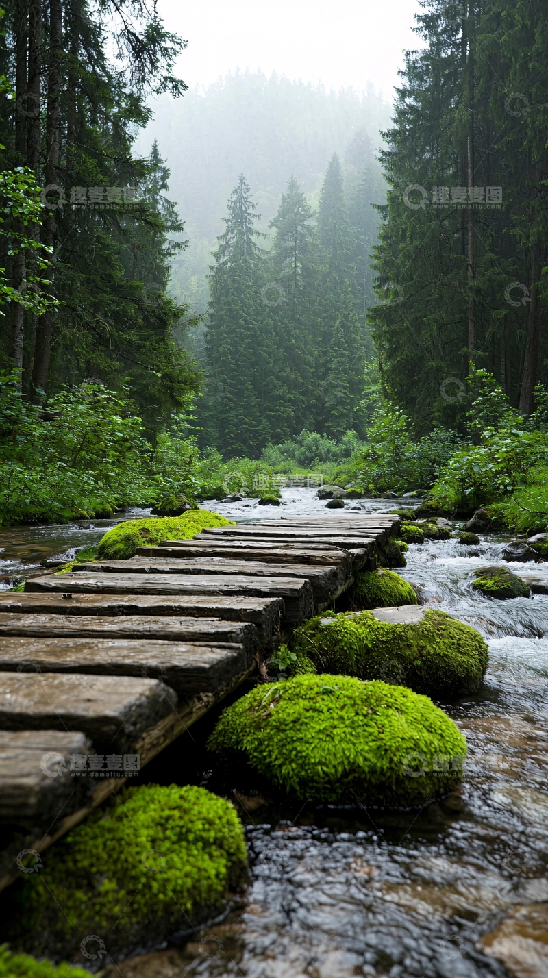 高清大图下载【趣麦麦图】森林中的木桥与溪流