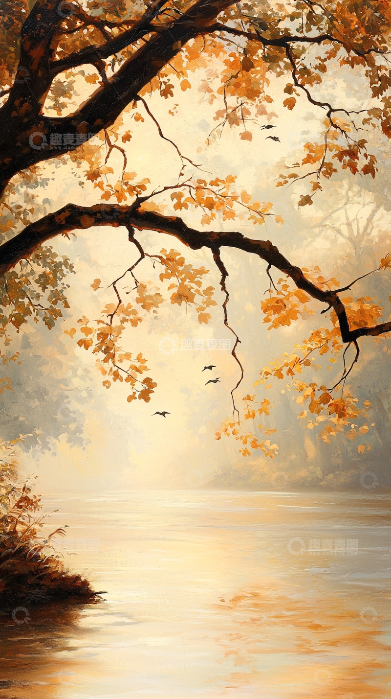 高清大图下载【趣麦麦图】秋日晨雾中的河流与鸟群