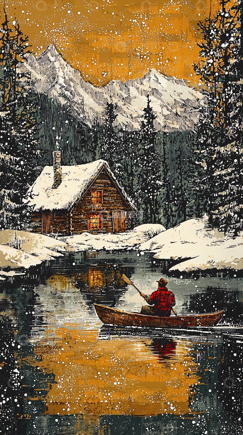 高清大图下载【趣麦麦图】冬日雪景中的独木舟与小屋