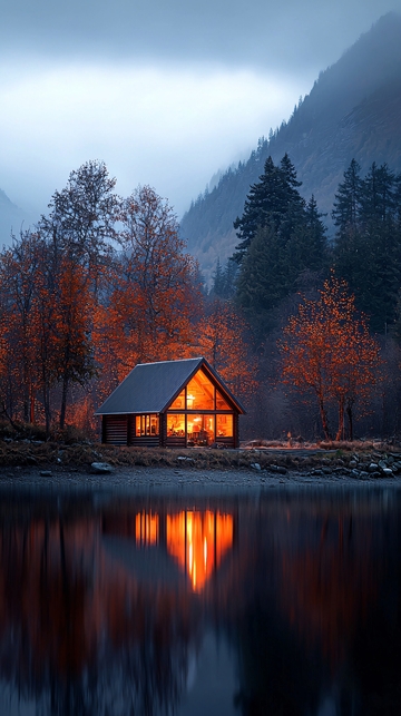 秋日湖畔小屋静谧夜景