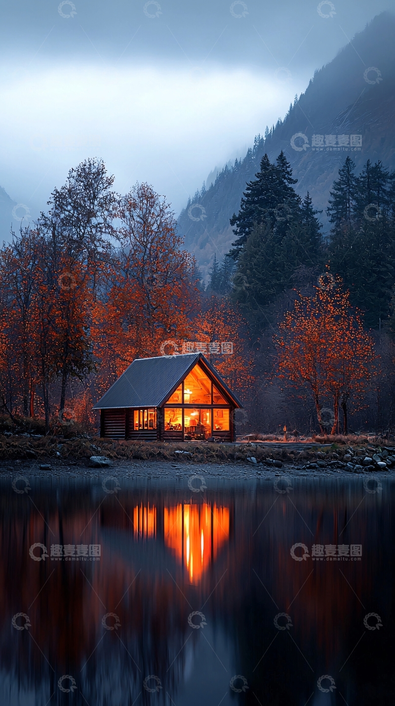 高清大图下载【趣麦麦图】秋日湖畔小屋静谧夜景