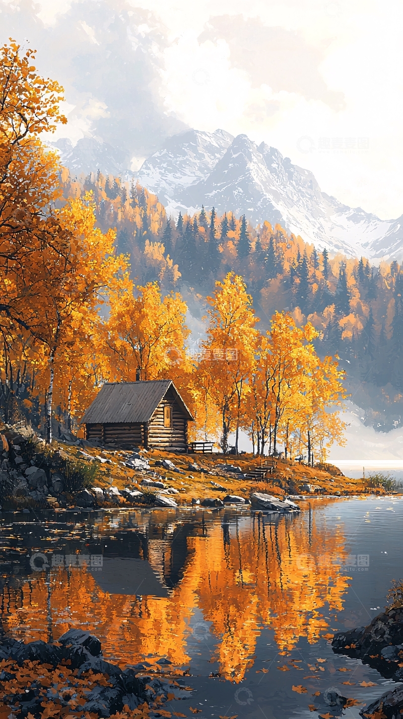 高清大图下载【趣麦麦图】秋日山间小屋风景