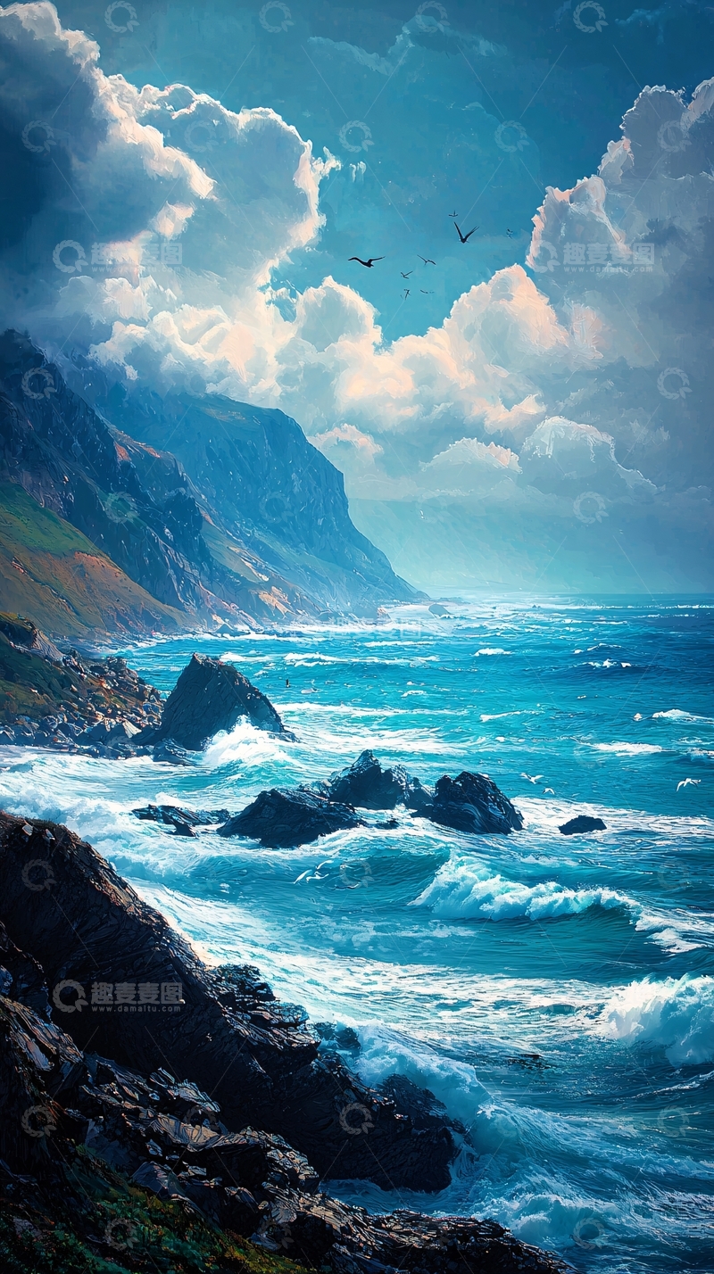 高清大图下载【趣麦麦图】海浪拍打岩石的壮丽景色