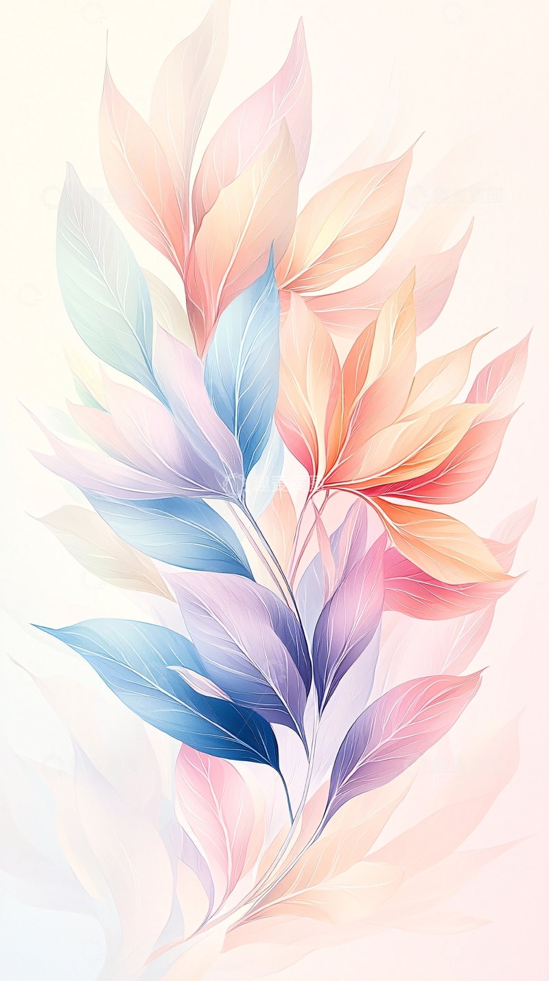 高清大图下载【趣麦麦图】梦幻色彩叶子插画素材
