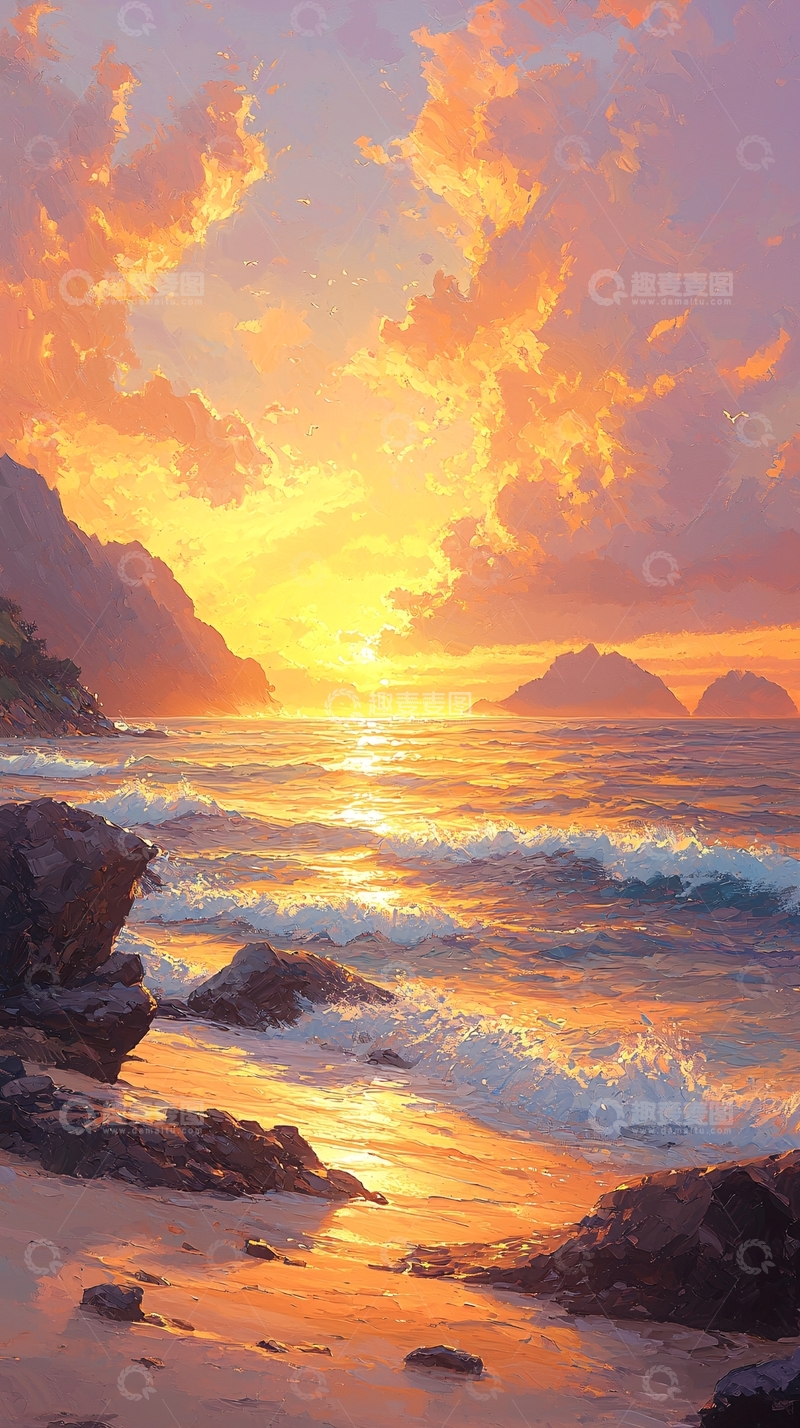 高清大图下载【趣麦麦图】日落海滩风景画
