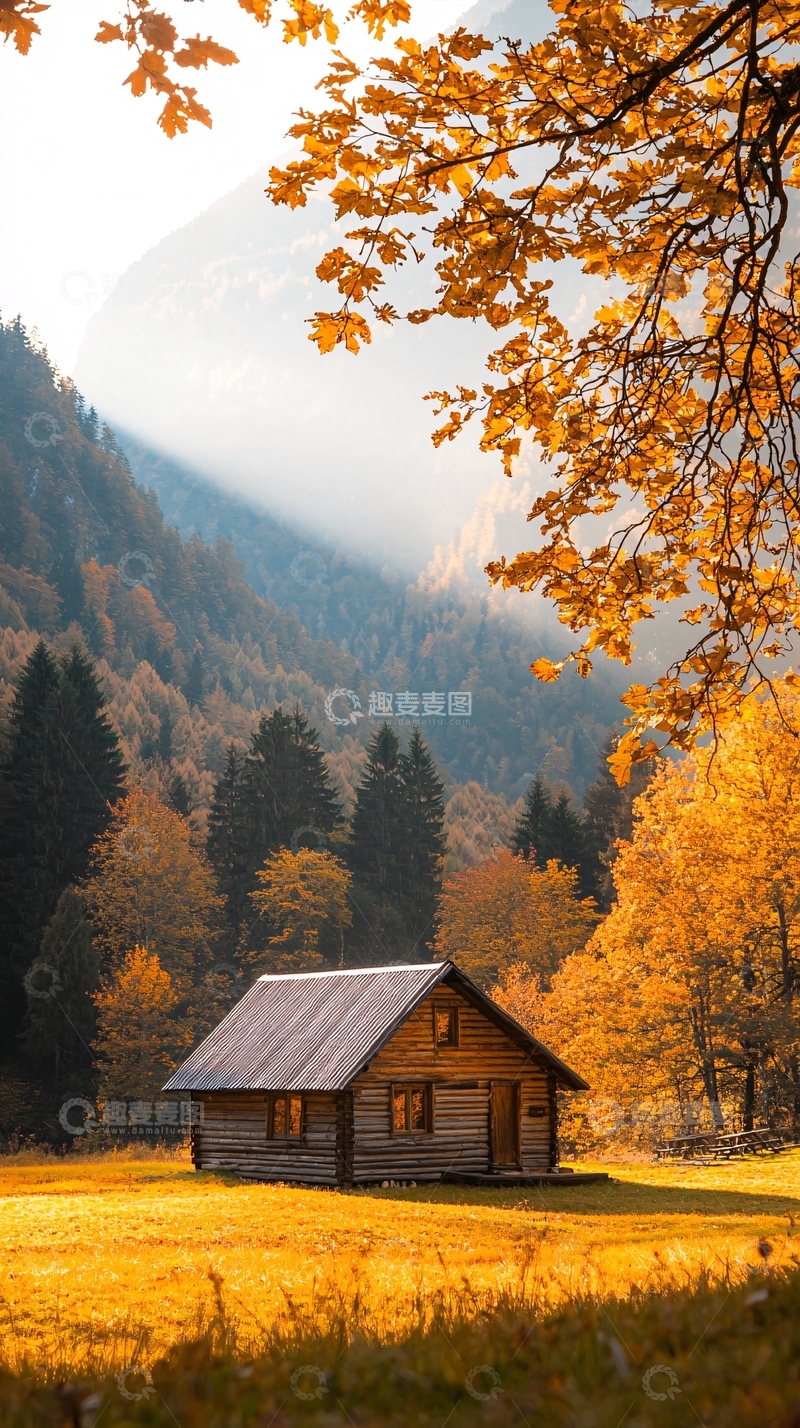 高清大图下载【趣麦麦图】秋日山间小屋风景