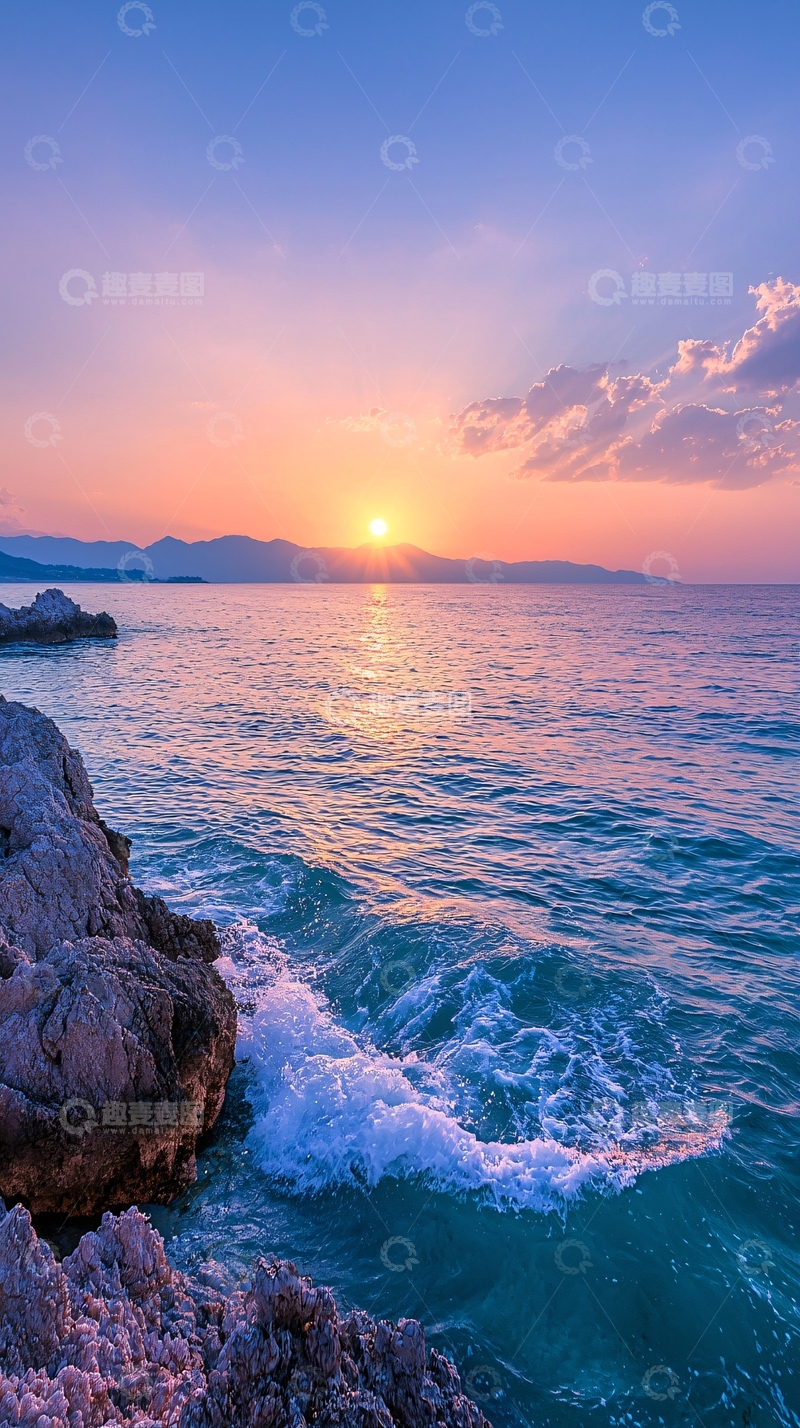 高清大图下载【趣麦麦图】日落海景岩石沙滩