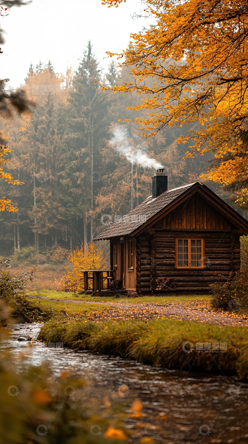 高清大图下载【趣麦麦图】秋日小屋旁的静谧河流