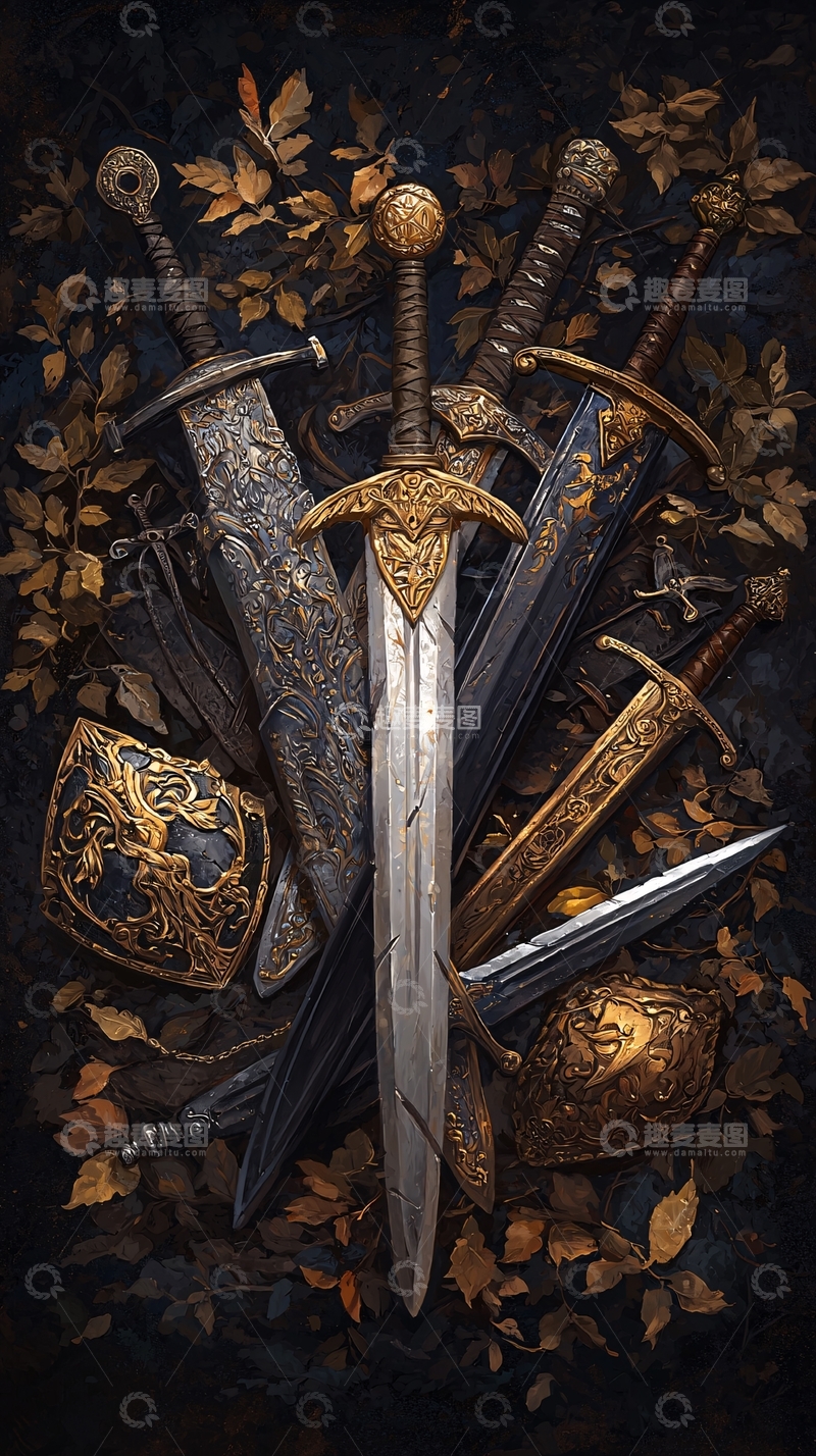高清大图下载【趣麦麦图】奇幻剑与盾牌的艺术插画
