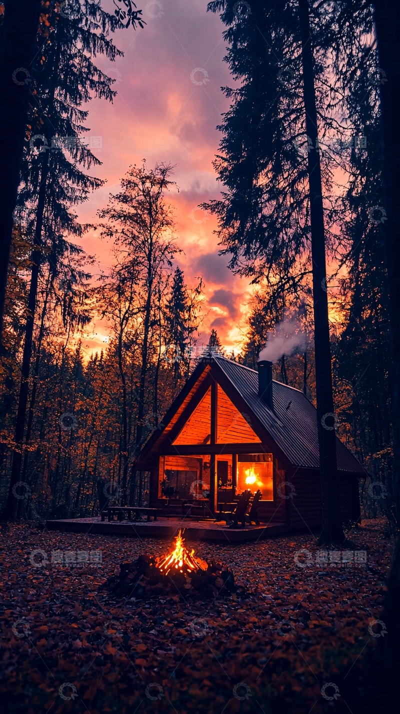 高清大图下载【趣麦麦图】秋日森林中的小木屋