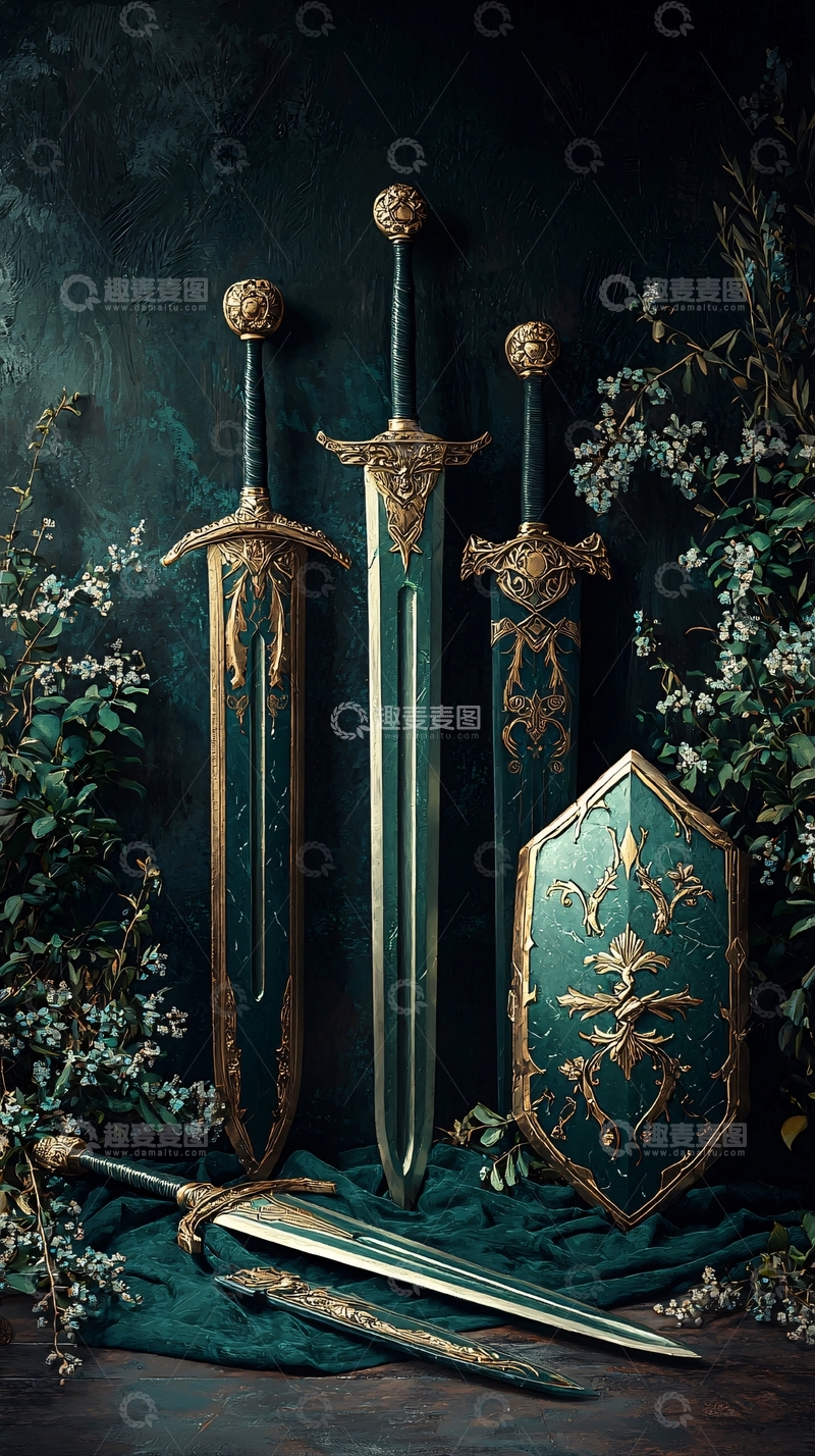 高清大图下载【趣麦麦图】奇幻剑盾与花影