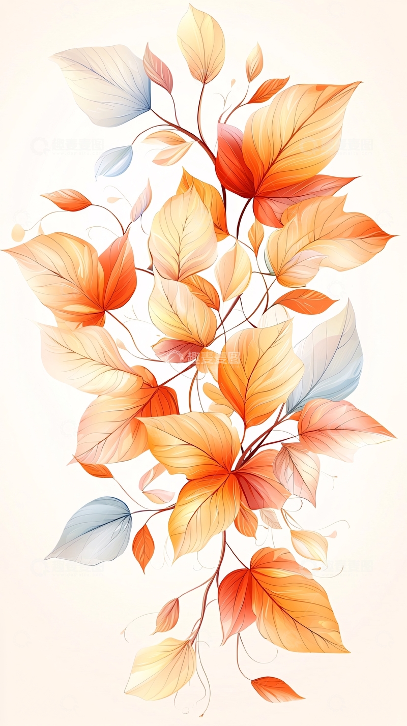 高清大图下载【趣麦麦图】秋日色彩斑斓的树叶插画