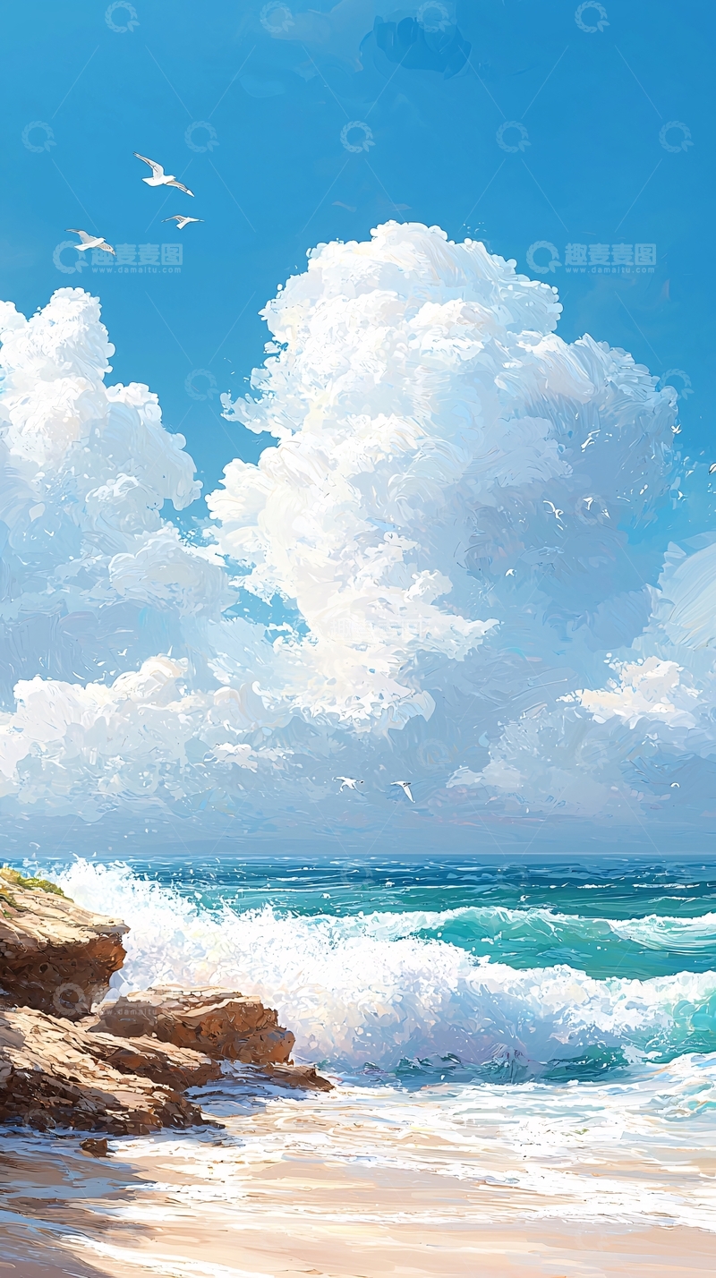 高清大图下载【趣麦麦图】海浪沙滩蓝天白云