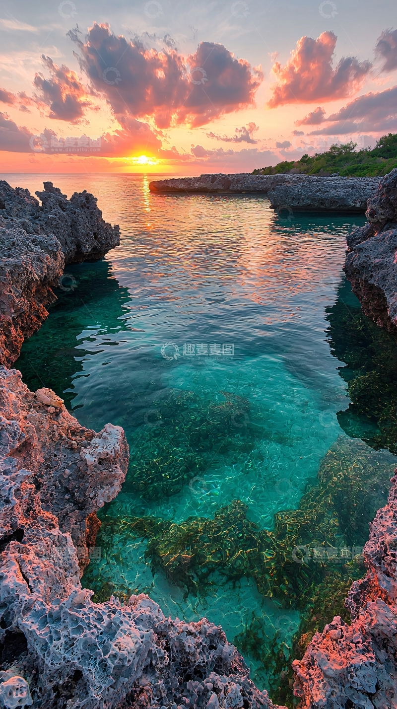 高清大图下载【趣麦麦图】日落海景礁石风光