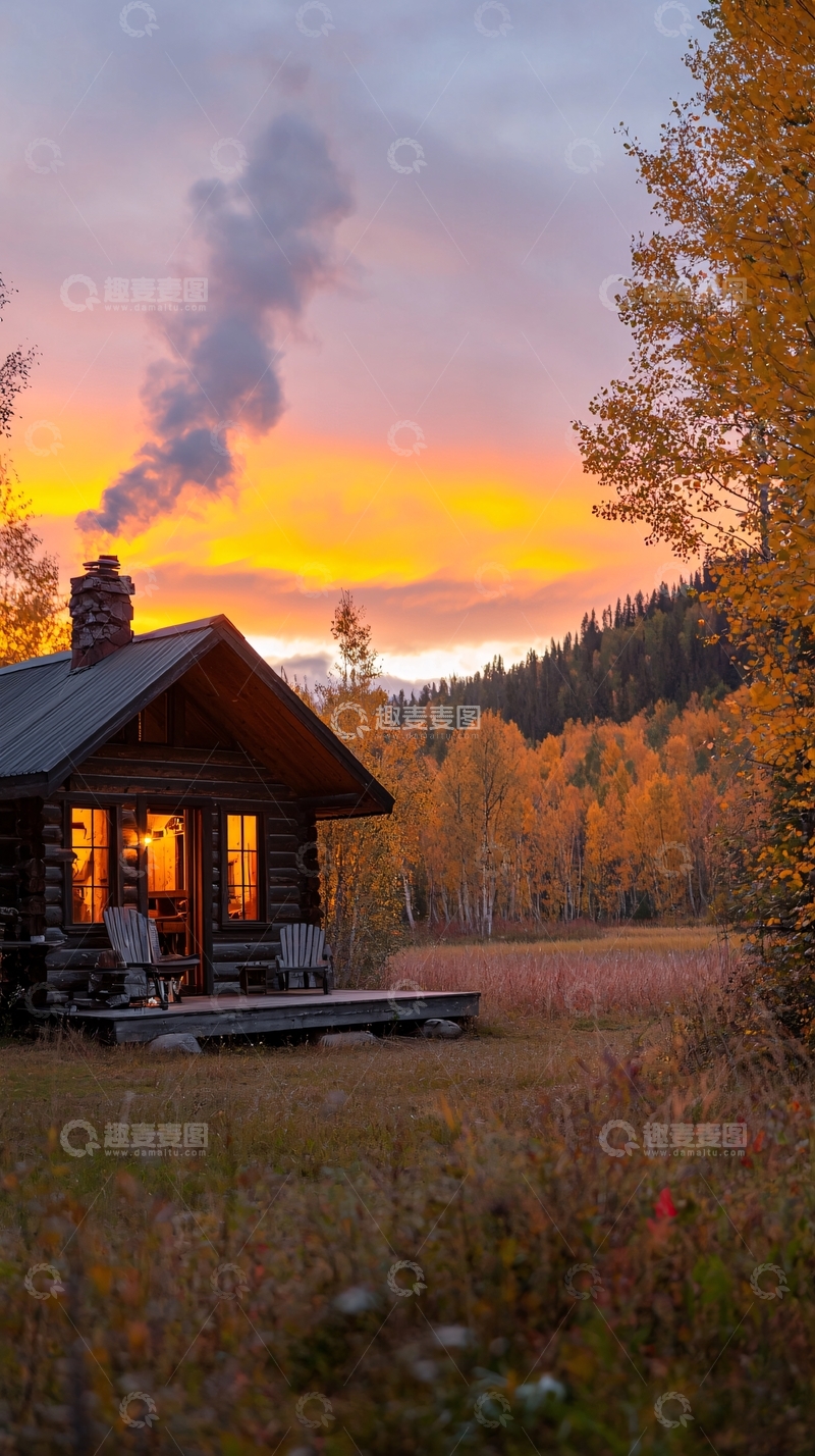 高清大图下载【趣麦麦图】秋日黄昏中的小木屋