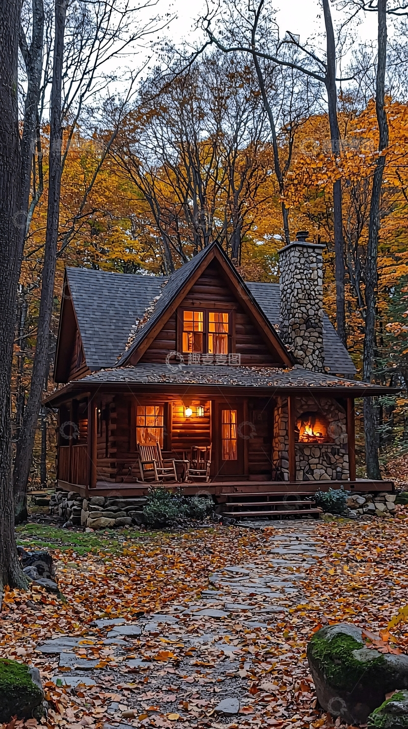 高清大图下载【趣麦麦图】秋日森林中的温馨小屋