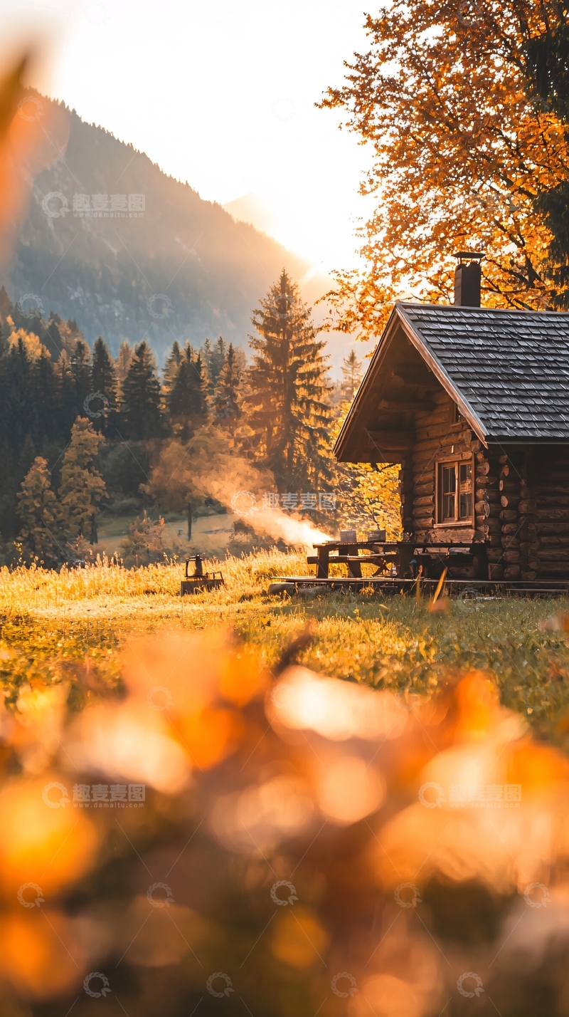 高清大图下载【趣麦麦图】秋日山间小屋风景