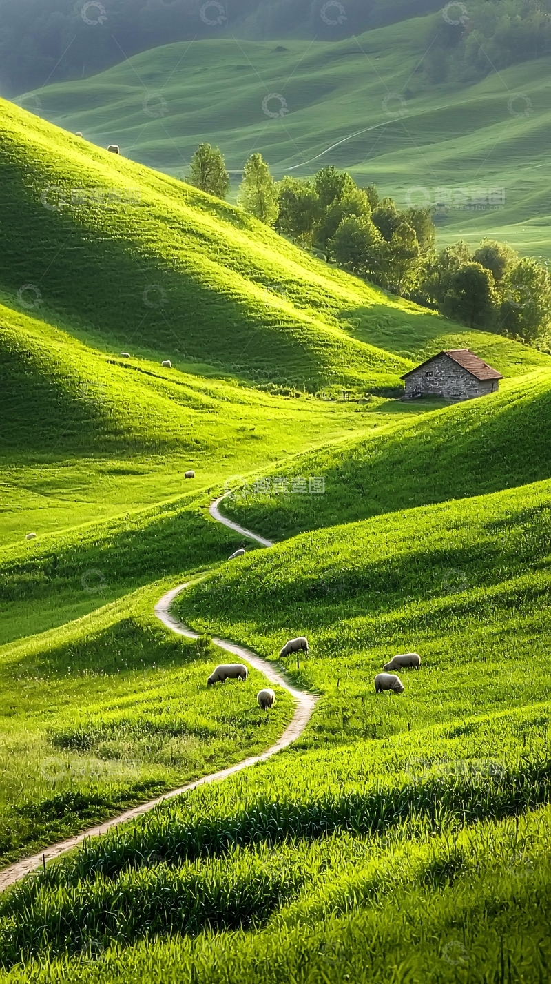 高清大图下载【趣麦麦图】绿色山坡上的羊群与小屋
