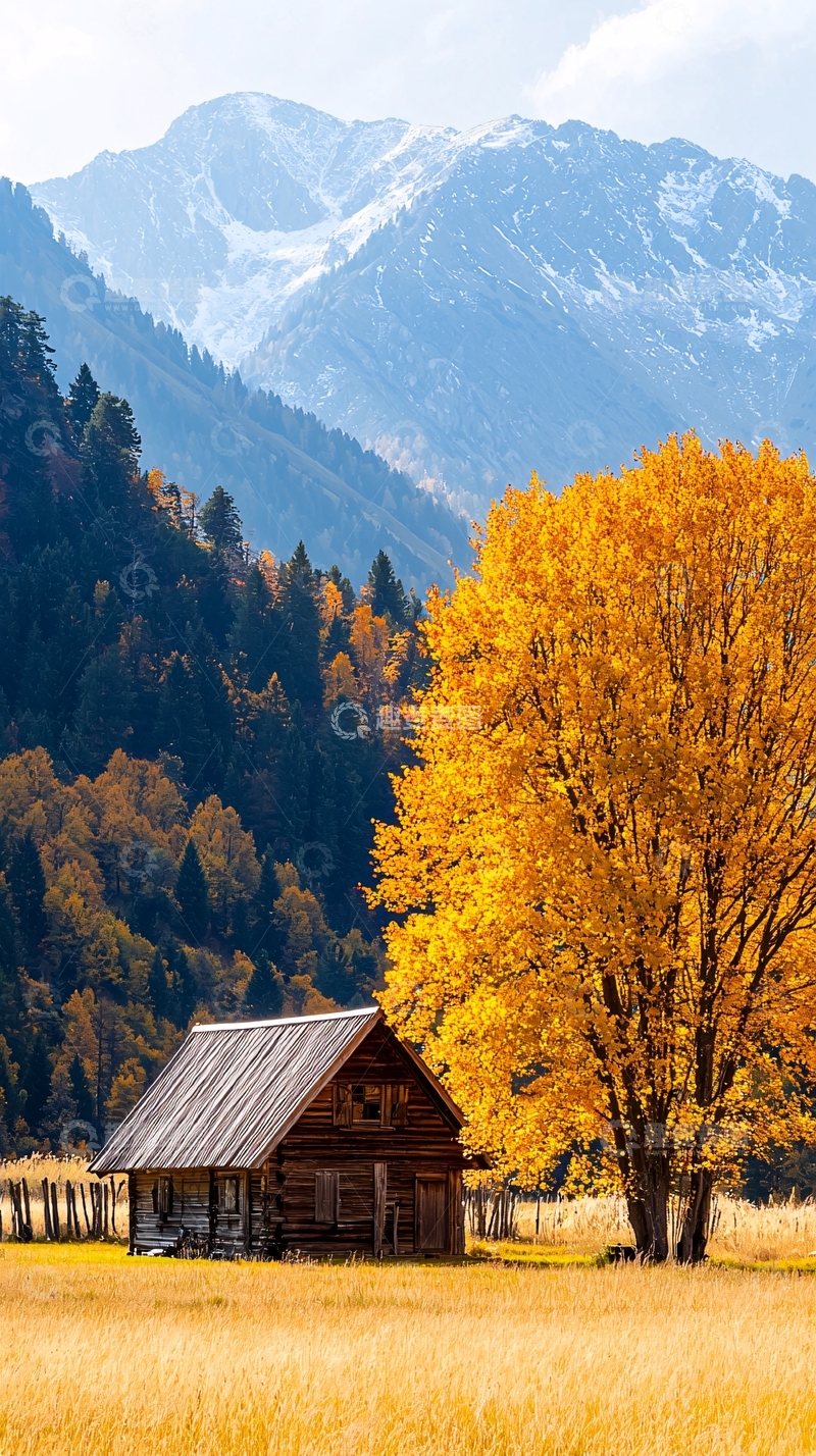 高清大图下载【趣麦麦图】秋日山间小屋风景