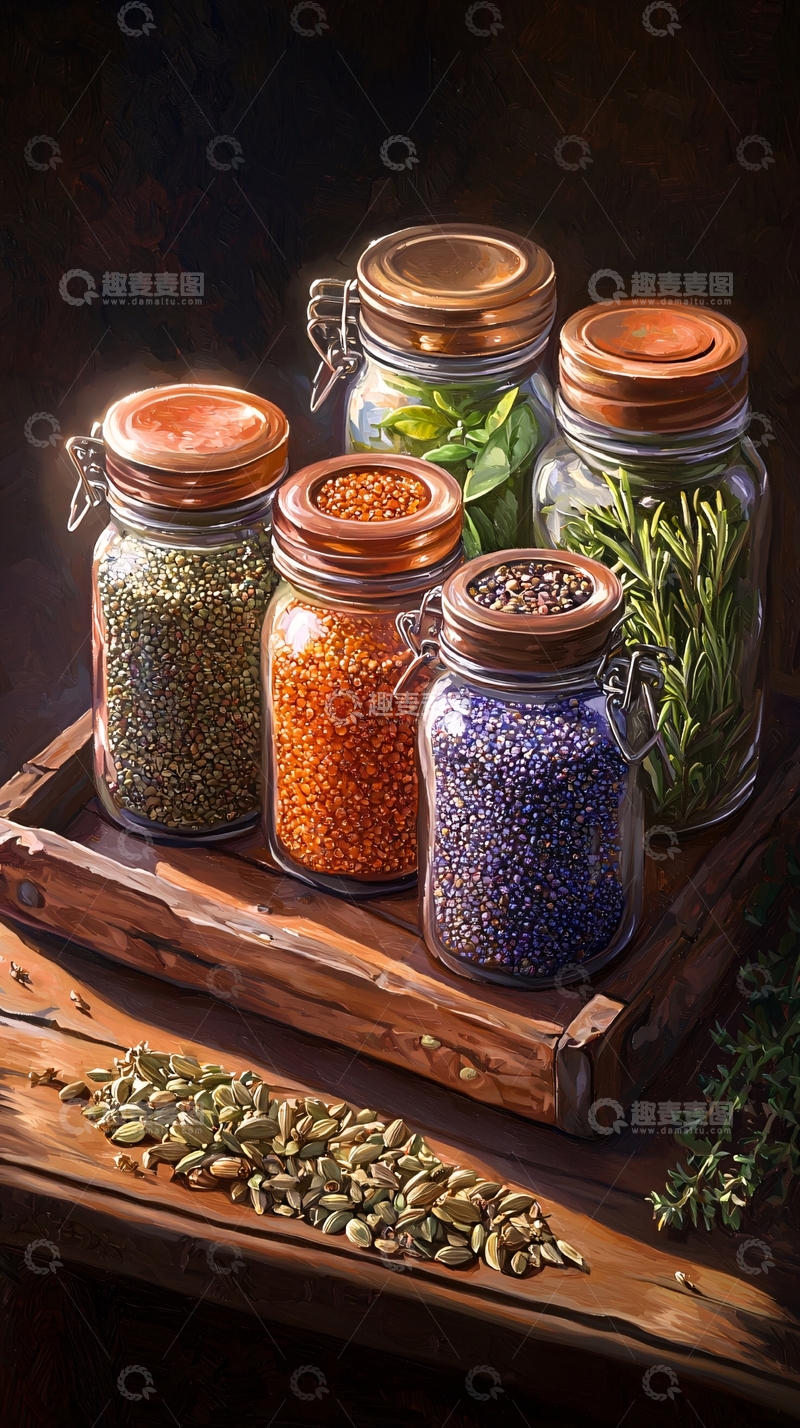 高清大图下载【趣麦麦图】五谷杂粮与香草的储藏瓶