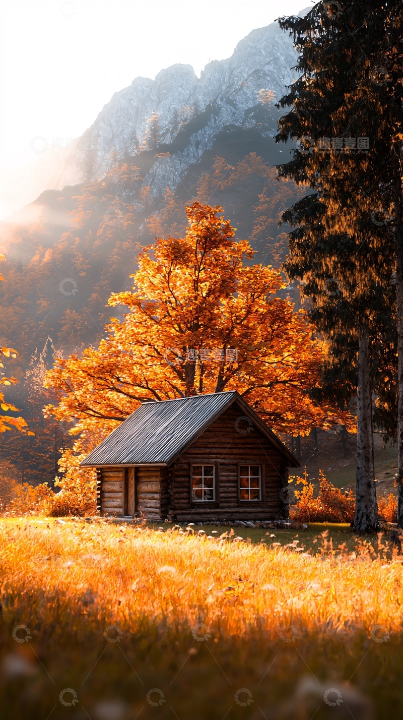 高清大图下载【趣麦麦图】秋日山间小屋风景