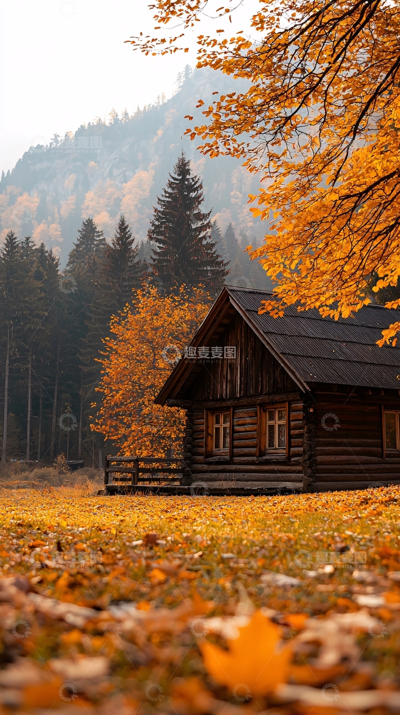 高清大图下载【趣麦麦图】秋日山间木屋风景
