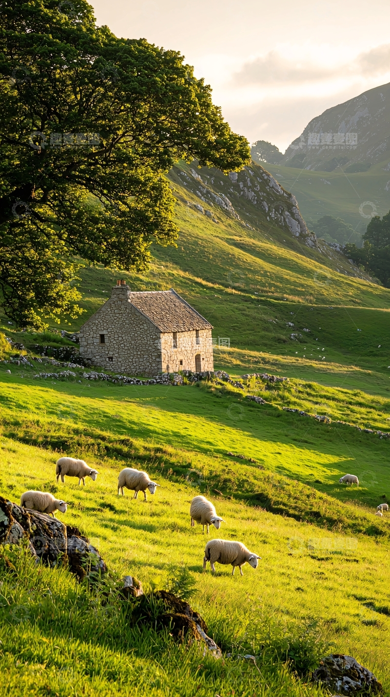 高清大图下载【趣麦麦图】山间小屋与羊群的宁静时光